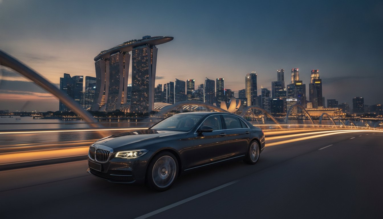 Темний BMW на тлі міського горизонту під час заходу сонця